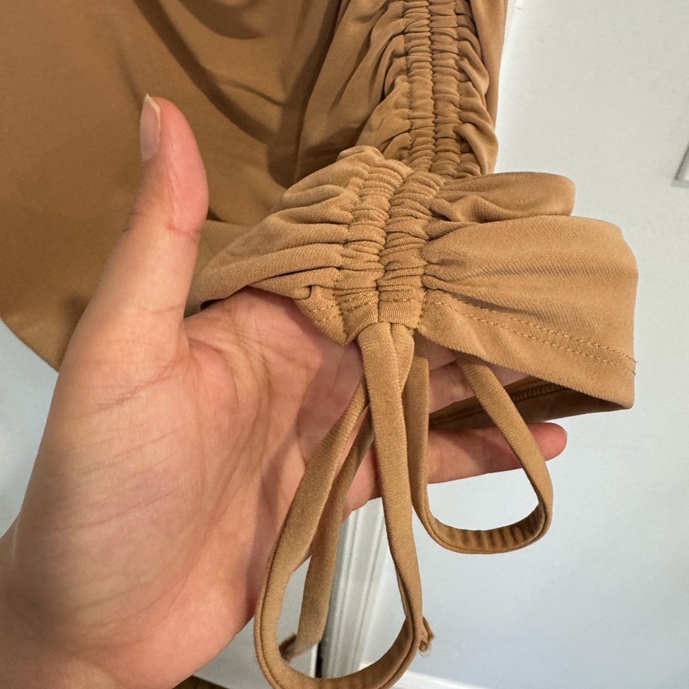 Express Tan Ruched Mini Adjustable Bodycon Dress - Picture 4 of 5